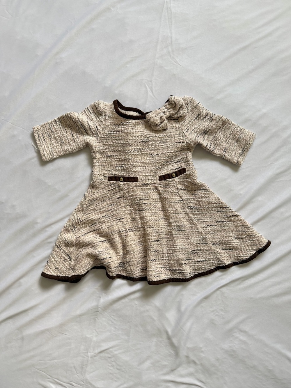 Janie and Jack Girls Size 3 Cream Tweed Knit Bow Fit & Flare Dress